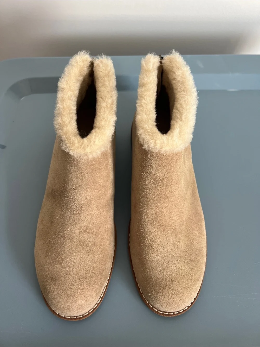 Eileen Fisher drift ankle boot booties biscuit sport suede leather tan shearling